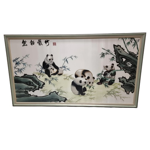 Vintage Chinese Silk Embroidery With Pandas