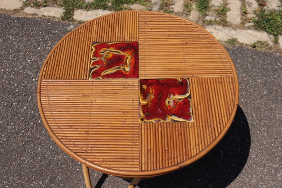 Image 1 of Salontafel van rotan en keramiek van Audoux & Minet, 1950