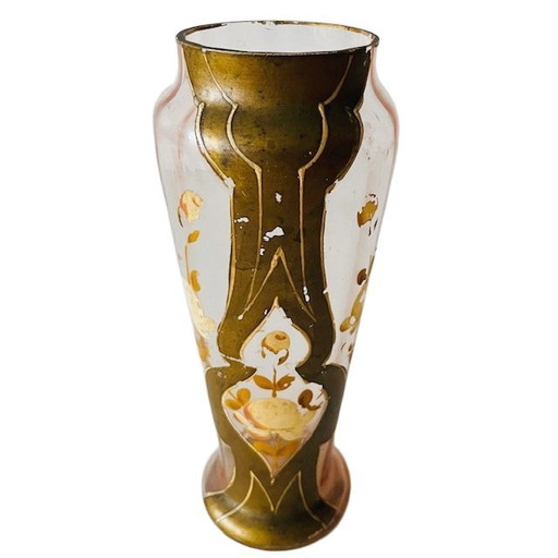 Antico vaso vittoriano in stile Art Nouveau in vetro dorato dipinto a mano, anni 1900