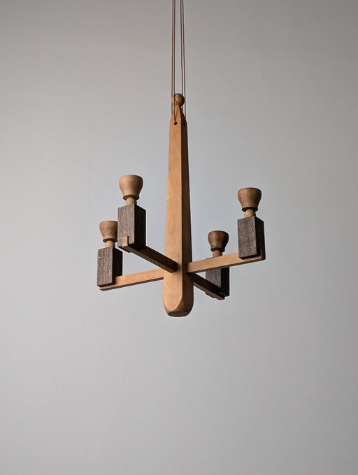 Danish Art Deco Style Wooden Candle Chandelier, 1970s