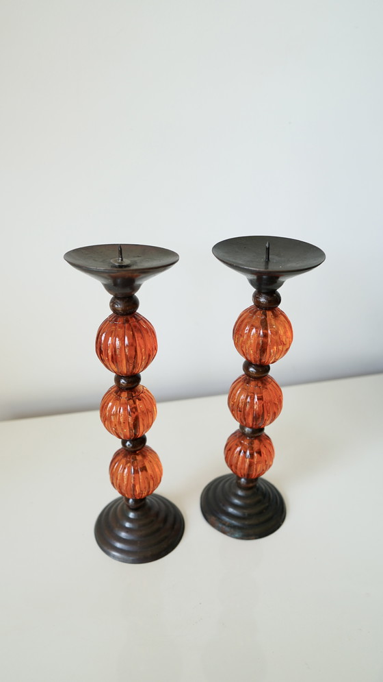 Image 1 of Pair of vintage candlesticks in metal and orange blown glass - 70s style