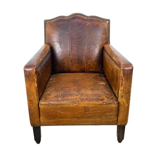 Antieke Franse moustache fauteuil – cognac leren clubstoel – begin 20e eeuw