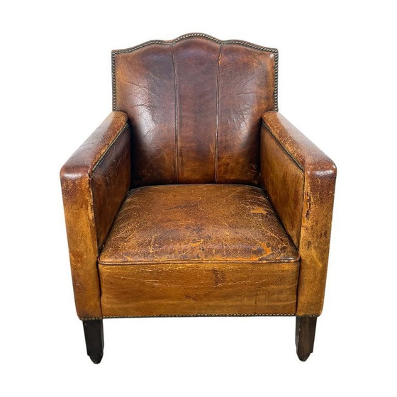 Image 1 of Antieke Franse moustache fauteuil – cognac leren clubstoel – begin 20e eeuw