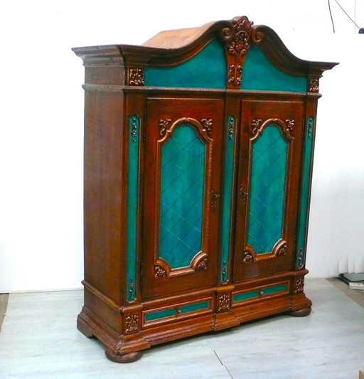 Armario, mueble de recibidor, 2 puertas, 2 cajones, estilo barroco, siglo XVII, en roble con turquesa, cobre, oro, pintado a