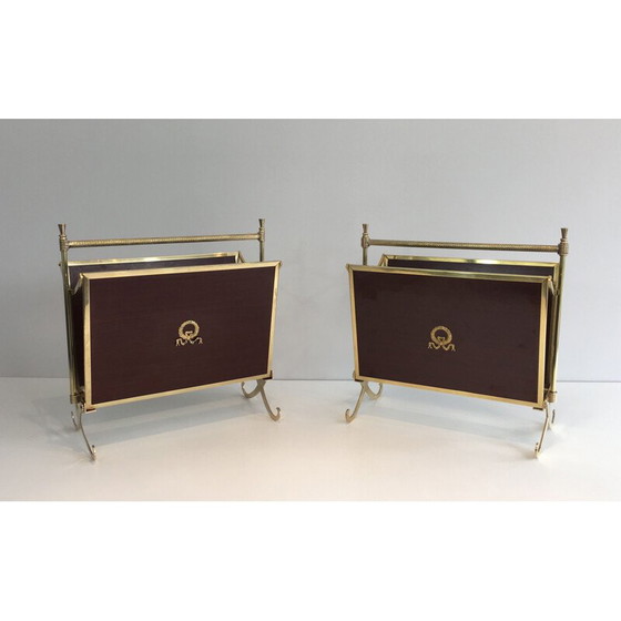 Image 1 of Pair of vintage neoclassical mahogany and brass magazine racks, 1940