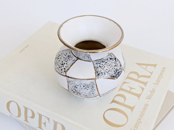 Image 1 of Midcentury Ü-Keramik Vase 1960s West German Pottery, Black and White Geometric Decor Gold Rim