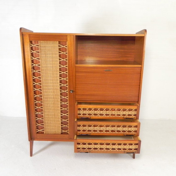 Image 1 of Mobiletto vintage, scrittoio in rattan e legno, anni '60