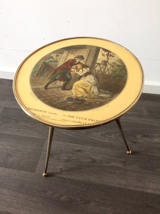 Image 1 of Italian Design Brass Tripod Side Table w printed top 1950's