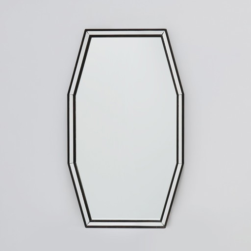 Mid-century graphical octagonal mirror with black wooden and mirror frame, 1960s