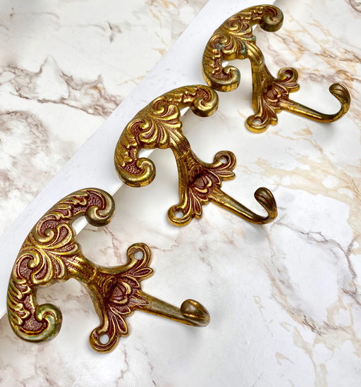 3X Set Of Italian Antique/Vintage Brass Coat & Hat Wall Hooks - Ornate Victorian Style In Dark Gold Tone