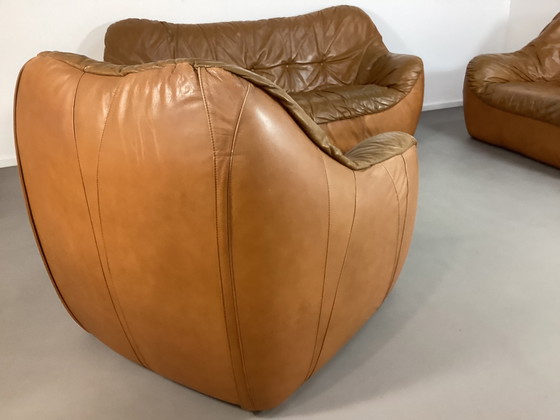 Image 1 of Ensemble de sièges vintage en cuir cognac des années 70, italien et français