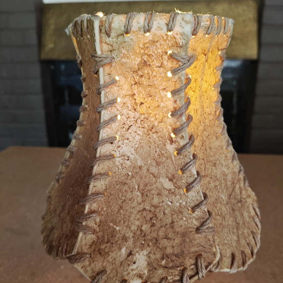 Image 1 of Vintage Tribal Figurine Table Lamp with Hand-Stitched Rawhide Shade and Onyx Base