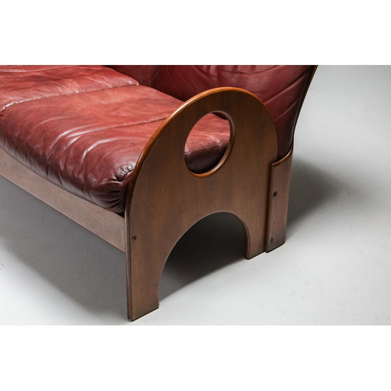 Image 1 of Vintage Gae Aulenti 'Arcata' Love Seat in Walnut and Burgundy Leather 1968