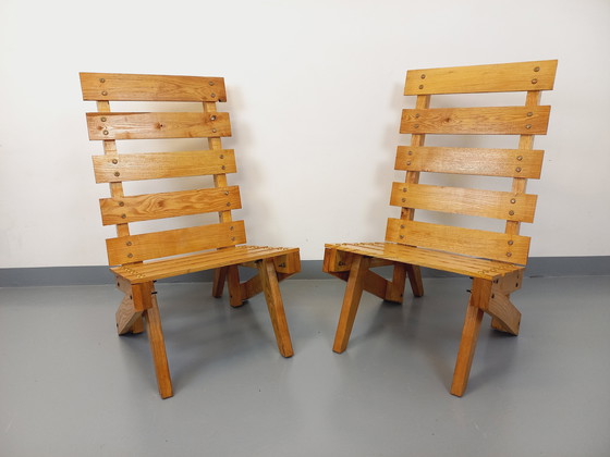 Image 1 of Pair of Vintage 60's Wooden Brutalist Slatted Chauffeured Armchairs
