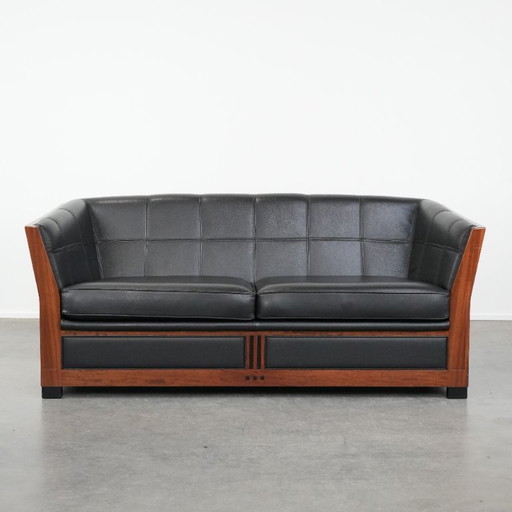 Art Deco Schuitema black leather 2.5-seater designer sofa from the Decoforma series with beautiful woodwork