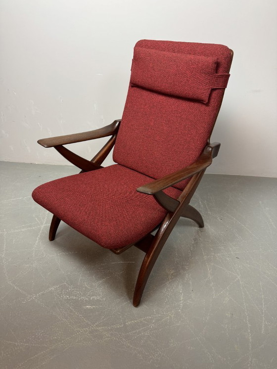 Image 1 of Mid-Century High Quality Teak Lounge Chair with Burgundy Red Fabric Upholstery Attributed to Topform, The Netherlands, 1960s.