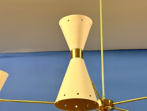 Stilnovo Diablo Chandelier, 1950s, Metal, Brass, Creme, Mid Century Modern (photo 5 of 6)
