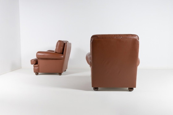 Image 1 of Paire de fauteuils club en cuir marron des années 1970, Italie