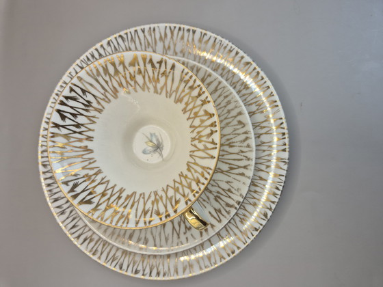 Image 1 of Trio da tè bavarese d'epoca - Piatto d'oro e floreale - Anni '50-'60
