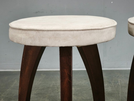 Image 1 of Pair of Art Deco Beech Wood Stools, 1940s, Newly Upholstered