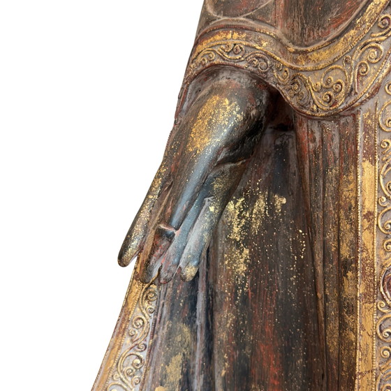 Antique Burmese Standing Buddha – Monumental Temple Statue in Teak Wood (166 cm) – Sculpture (photo 6 of 11)