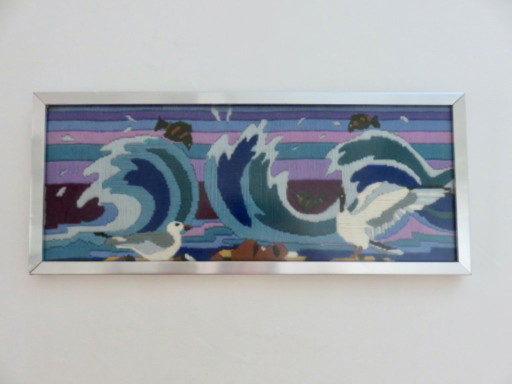 Futuristischer Wollteppich mit Ozean-, Fisch- und Möwenmotiv, 1970 – wanddecoratie, Wool