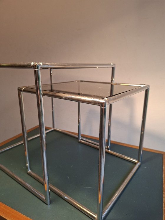 Two Vintage Nesting Side tables, Abstracta Modular System Poul Cadovius – Chrome, Glass (photo 7 of 15)