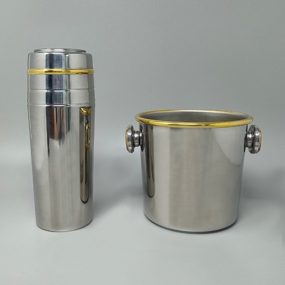 Image 1 of Splendido shaker per cocktail degli anni &#39;70 in oro 24 carati e acciaio inossidabile con secchiello per il ghiaccio di Mepra