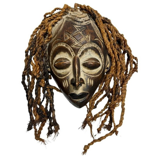 Decorazione da Parete Maschera Chokwe Pwo Antica – Acconciatura in Fibra Intrecciata – Congo – circa 1950