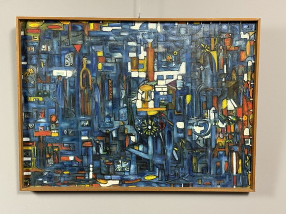 Image 1 of Blue Village Scene by W. Scheijgrond, acrylic on board, Netherlands (attributed), mid–late 20th century