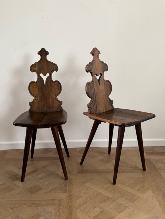 Image 1 of Set Of 4 Vintage Brutalist Tyrolean Chairs (1950s–60s, Solid Oak)