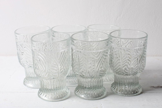 Image 1 of Set of 6 Mid-century Rare Pressed Glass Glasses / Libochovice / Czech Republic / 1981