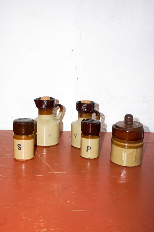 vintage ceramic condiment set * mid century oil and vinegar jugs * salt and pepper shakers * mustard pot * farmhouse kitchen dec