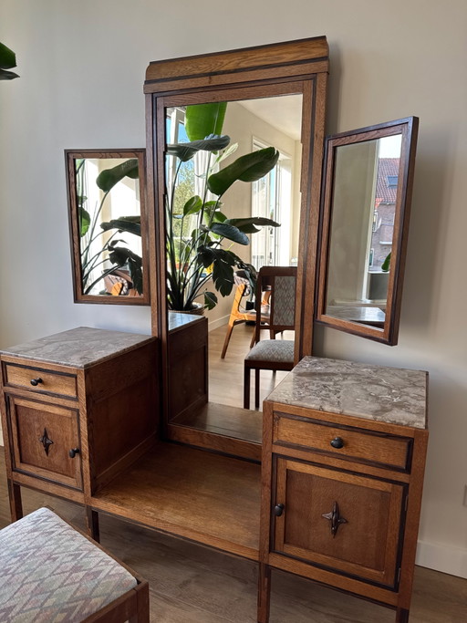 Set: Art Deco dressoir/kaptafel met los kastje en twee bijpassende stoelen