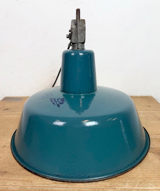 Image 1 of Industrial Petrol Enamel Factory Lamp with Cast Iron Top, 1960s