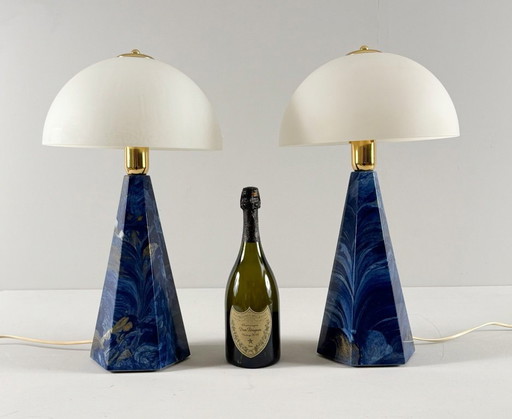 Set di 2 lampade da tavolo vintage con base in marmo 'Lambada da Tavolo', modello: Prisma, Italia