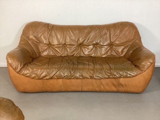 Image 1 of Ensemble de sièges vintage en cuir cognac des années 70, italien et français