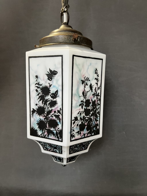 Plafonnier Art Déco, opaline hexagonale, vers 1925