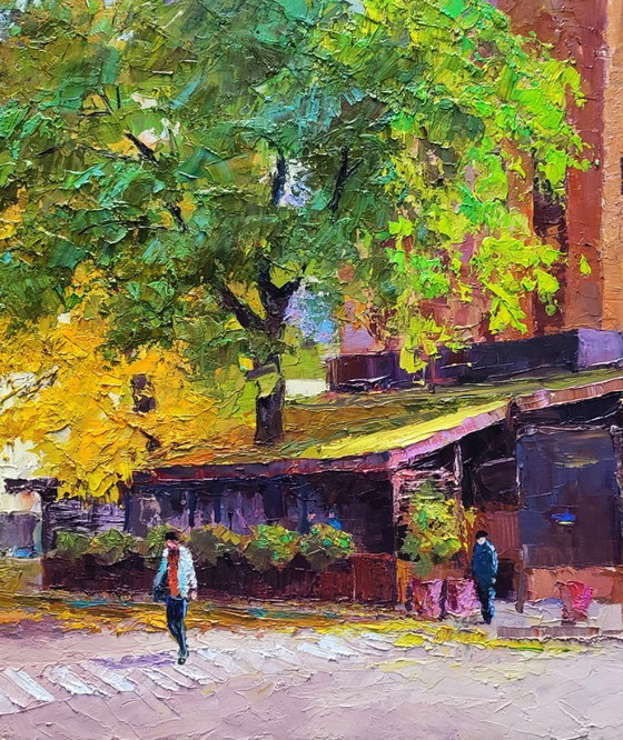 Image 1 of Original Oil Painting City Urban Life Cafe Wine and Friend