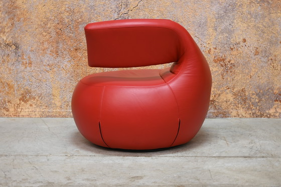 Image 1 of Red leather Leolux Gisa designer swivel armchair