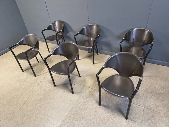 Image 1 of Set aus 6 Leder-Esszimmerstühlen von Segis Italy, 1980er Jahre
