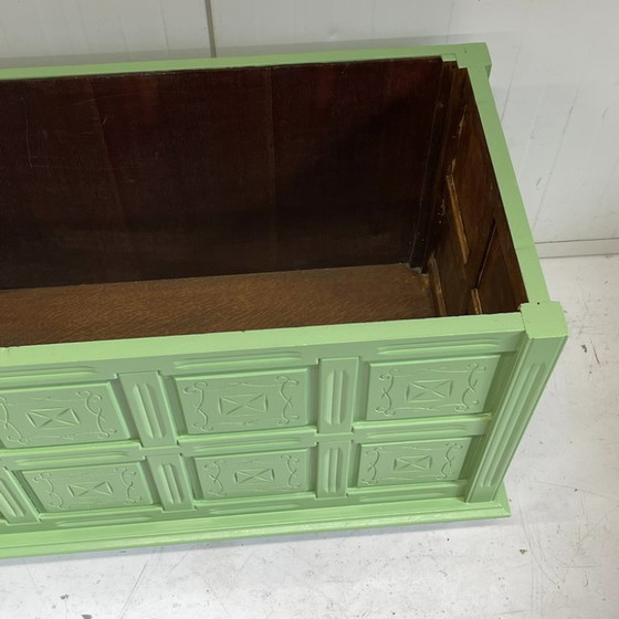 Baúl de Manta de Madera Antiguo Restaurado Baúl de Almacenamiento Verde Restaurado (photo 7 of 7)