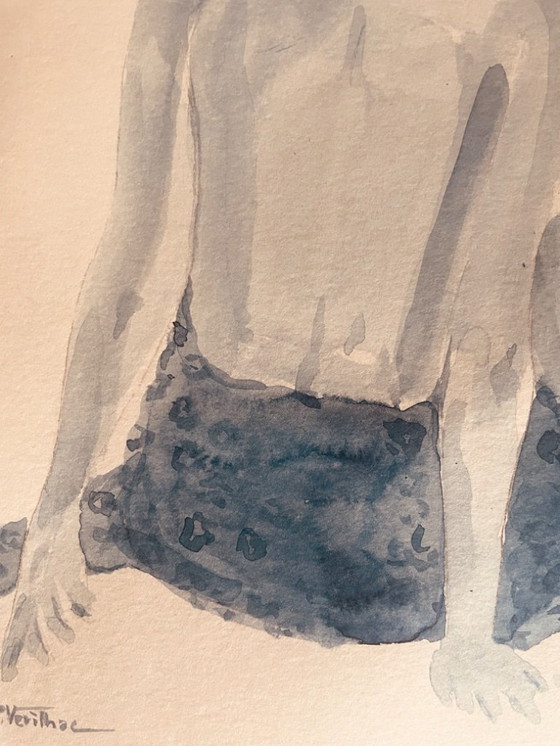 Image 1 of Indigo blue watercolor painting of a woman from behind, wearing a fouta towel, in a hammam.