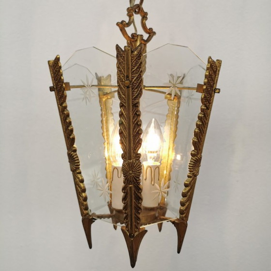 Image 1 of Lampada a lanterna francese in ottone vintage, lampada a sospensione, lampada con catena