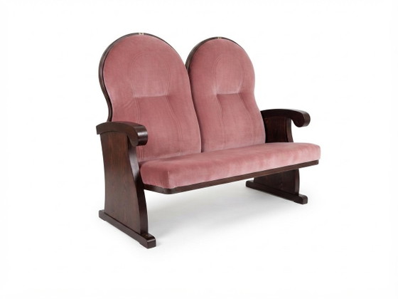 Vintage Pink Velvet Double Theater Bench, 1960 – Benches, Wood, Mid Century Modern (photo 4 of 4)