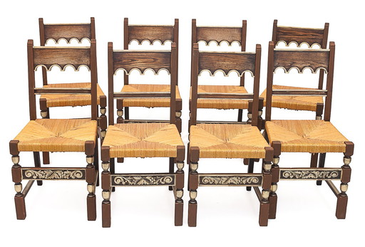 Set Von 8 Strohgedeckten Stühlen. Art Deco, 1940