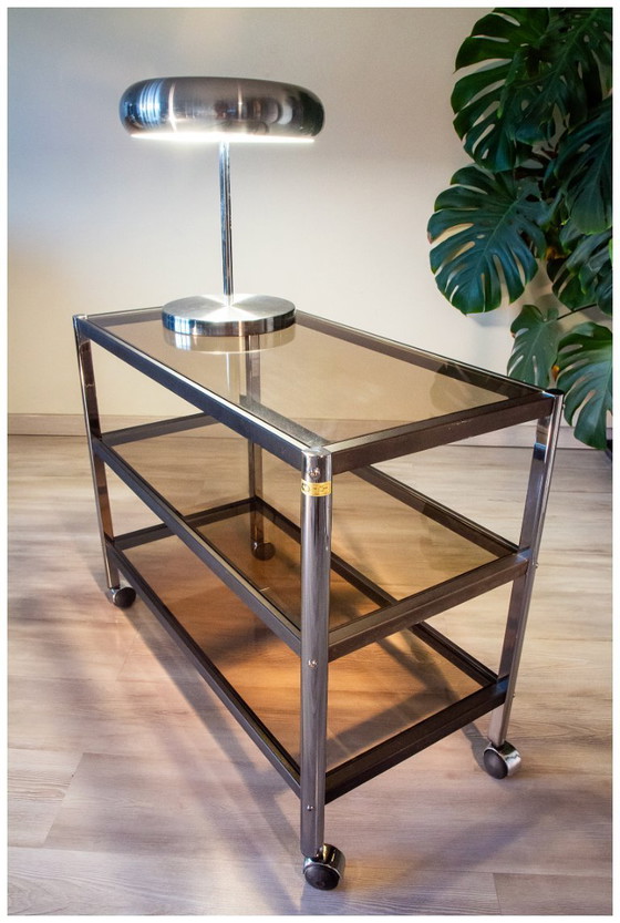 Image 1 of Consolle ERARD (Francia), tavolino laterale in metallo nero e vetro fumé, 1980