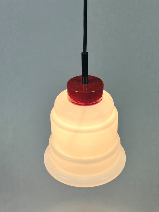 Image 1 of Vintage Hanglamp, Rood Emaille, Wit Opaalglas, Hustadt Leuchten, Duitsland 1960's