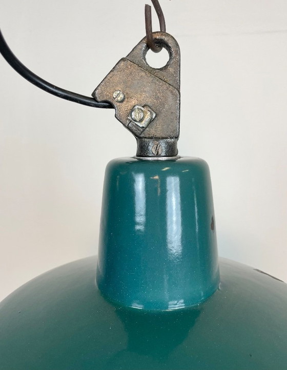 Image 1 of Industrial Petrol Enamel Factory Lamp with Cast Iron Top, 1960s