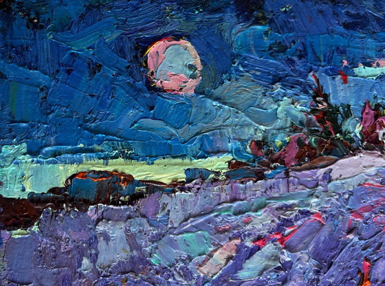 Image 1 of Original Oil Painting Night Field Landscape Moonlit night in the field